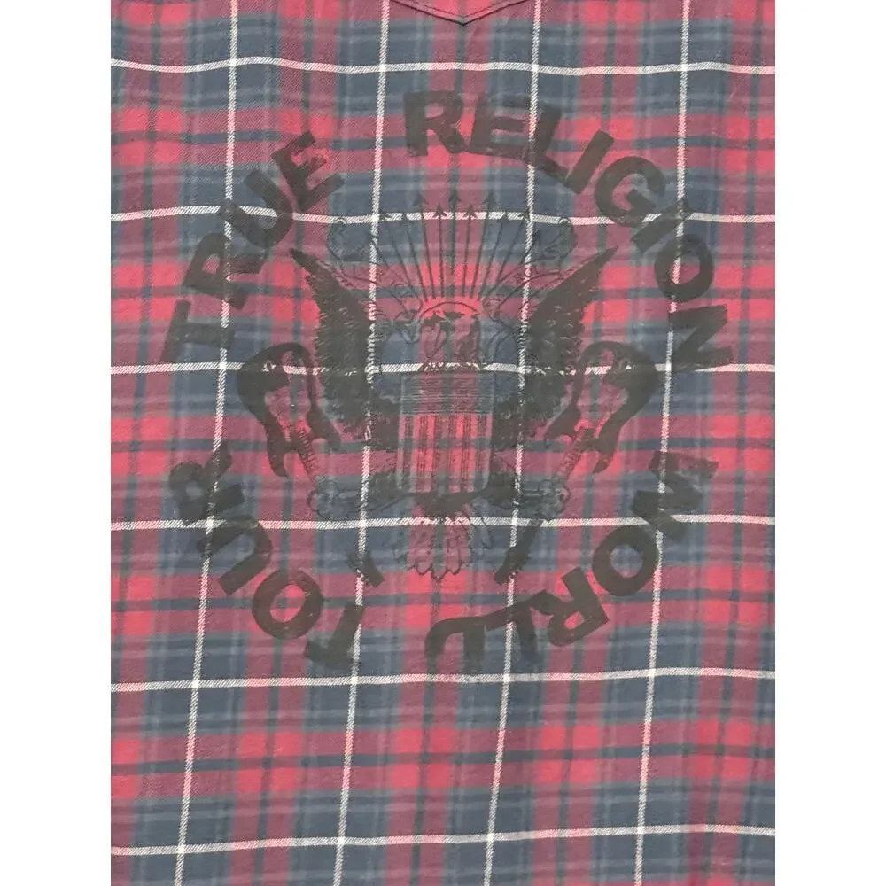 Men's True Religion Flannel Plaid Button Up Western Shirt, Size L